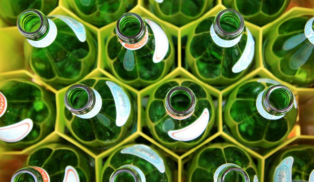 green glass bottles in carrier